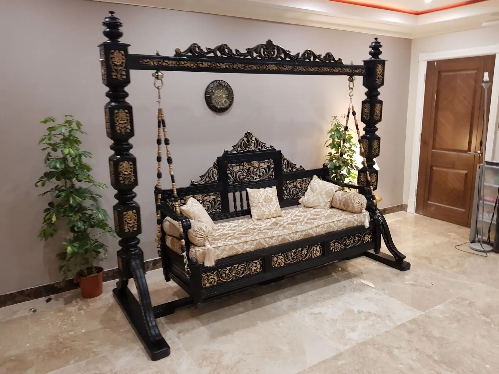 Wooden swing set Luxury Carved Swing MZee Furniture USA