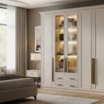 Traditional solid wood armoire wardrobe in a master bedroom