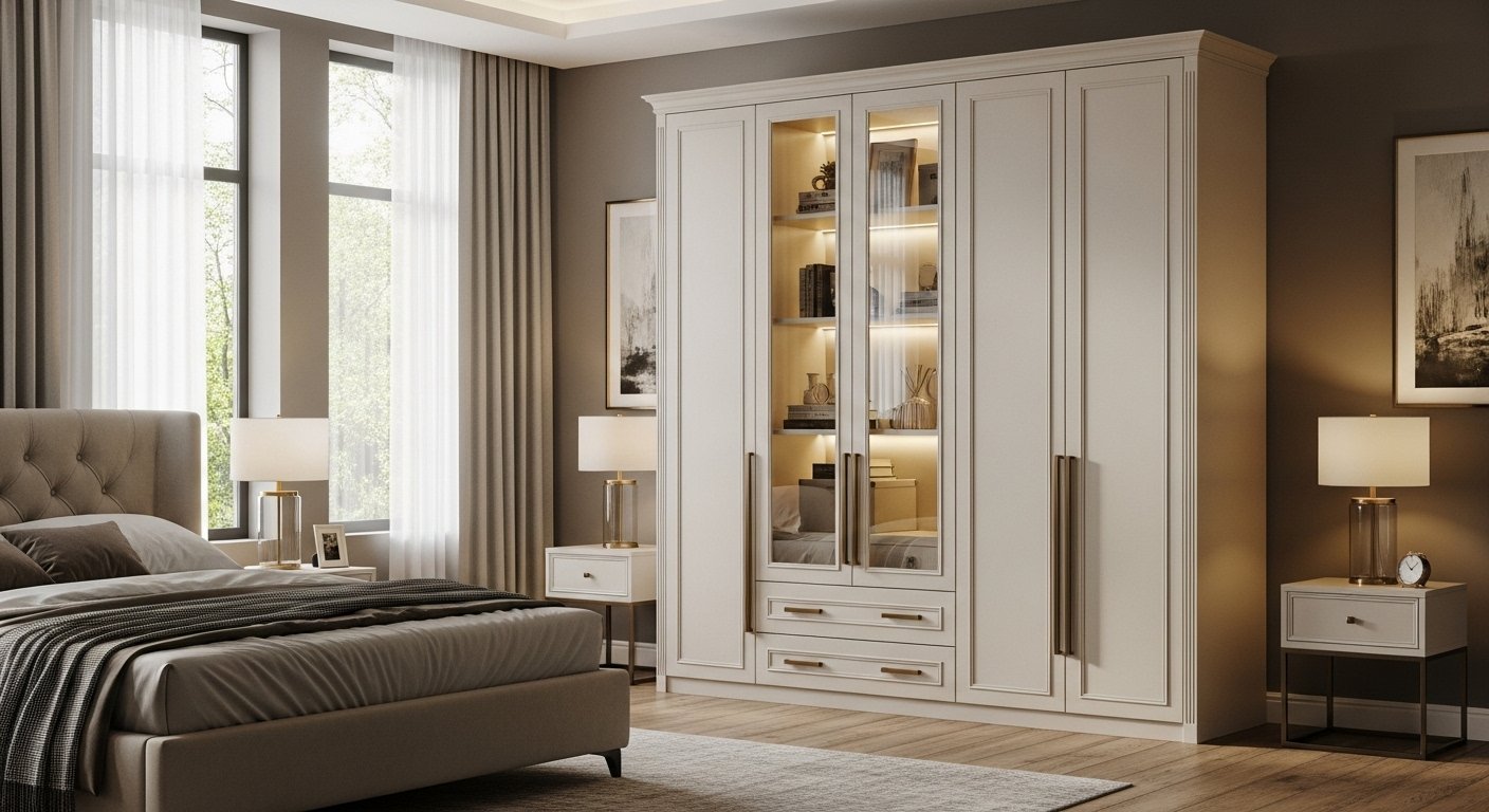 Traditional solid wood armoire wardrobe in a master bedroom
