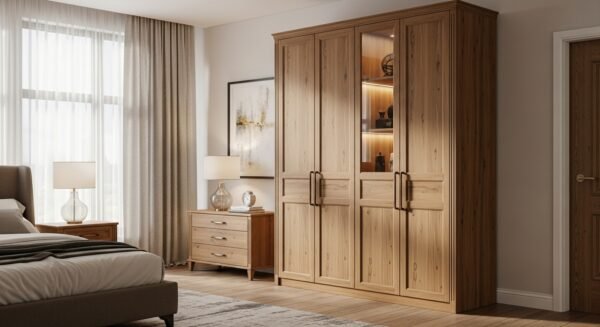 modern solid wood wardrobe armoire in a USA master bedroom